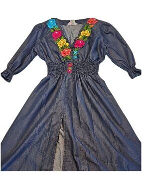 Marfer Embroidered Chambray Midi Denium Dress M Vibrant Floral Mexicana Boho